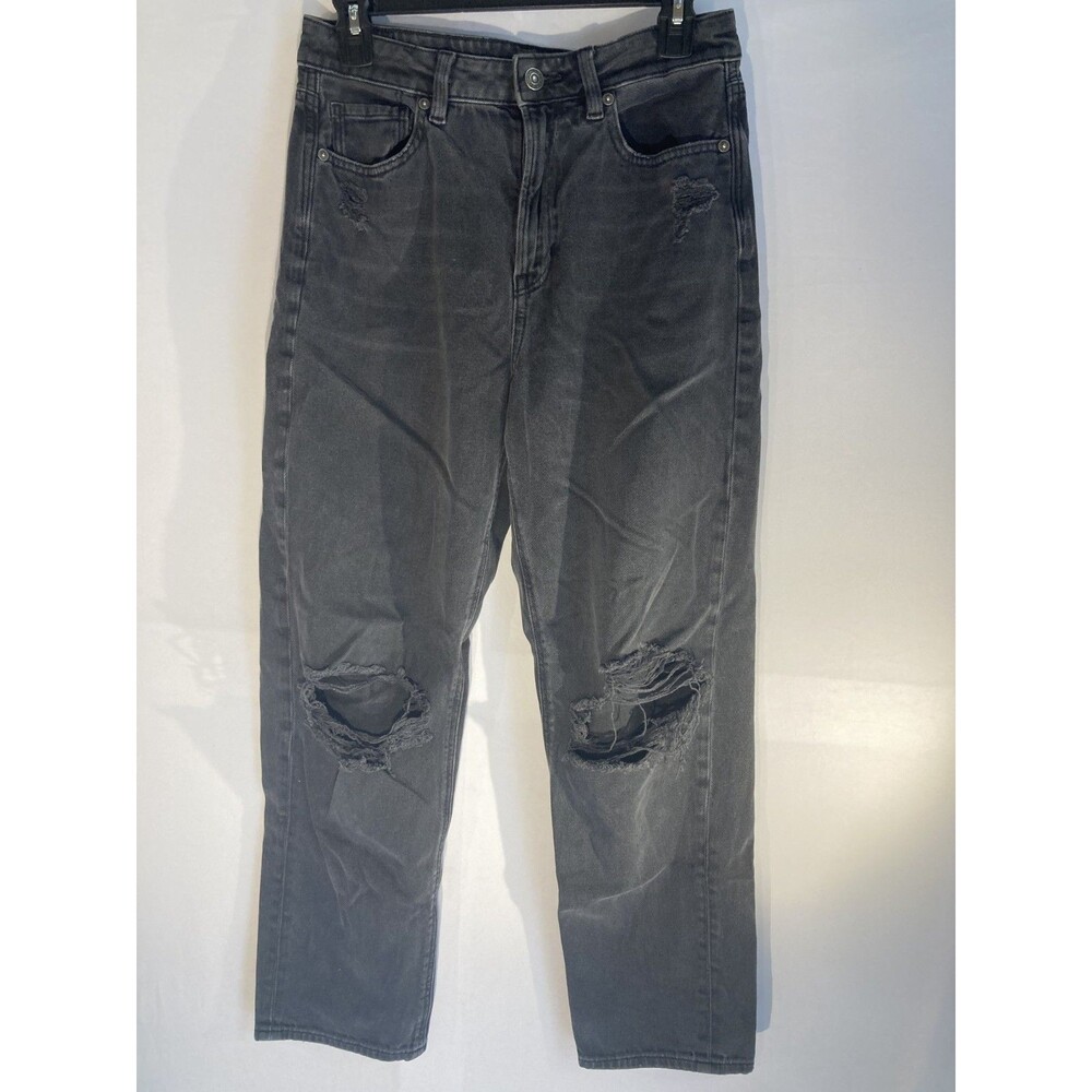 American Eagle Mom Jeans Womens 8 Faded Black Distressed High Rise Denim